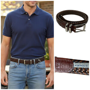 Perry Ellis Portfolio Brown Woven Bonded Leather Belt Men's Sz 36 Basketweave